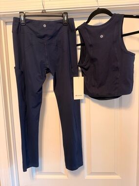 Lululemon Athletica Navy Leggings with Matching Cropped Tank Set Sz 12 NWT